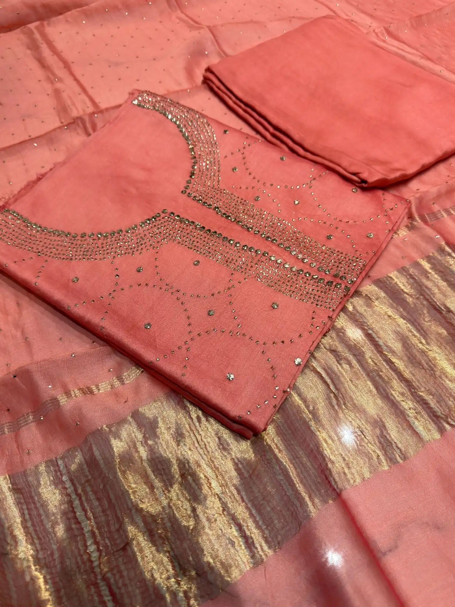 Peach Chanderi Silk Mukaish Suit front view