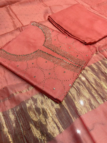 Peach Chanderi Silk Mukaish Suit front view