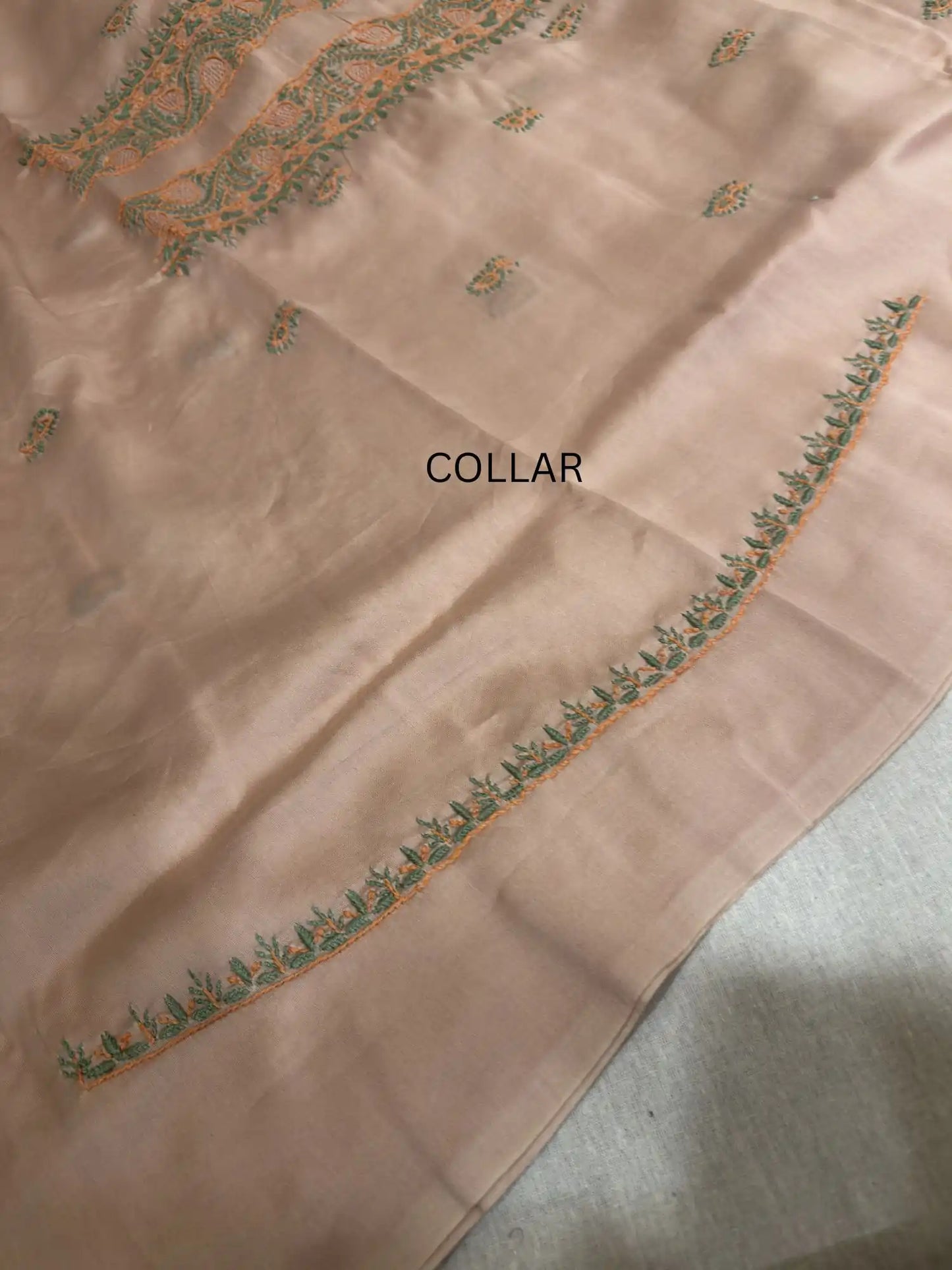 Handcrafted Lucknowi Chikankari collar embroidery on premium Peach Chanderi Silk unstitched kurta fabric.
