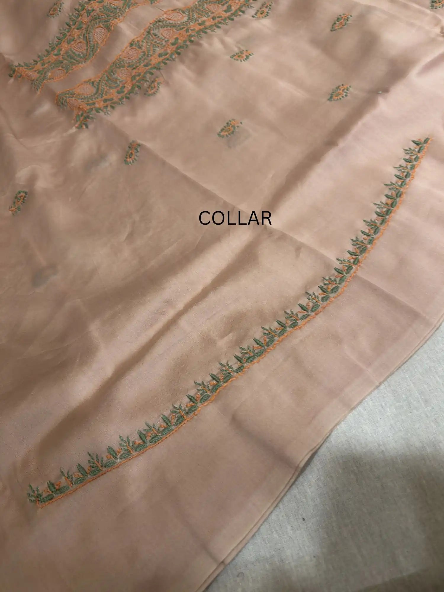 Handcrafted Lucknowi Chikankari collar embroidery on premium Peach Chanderi Silk unstitched kurta fabric.