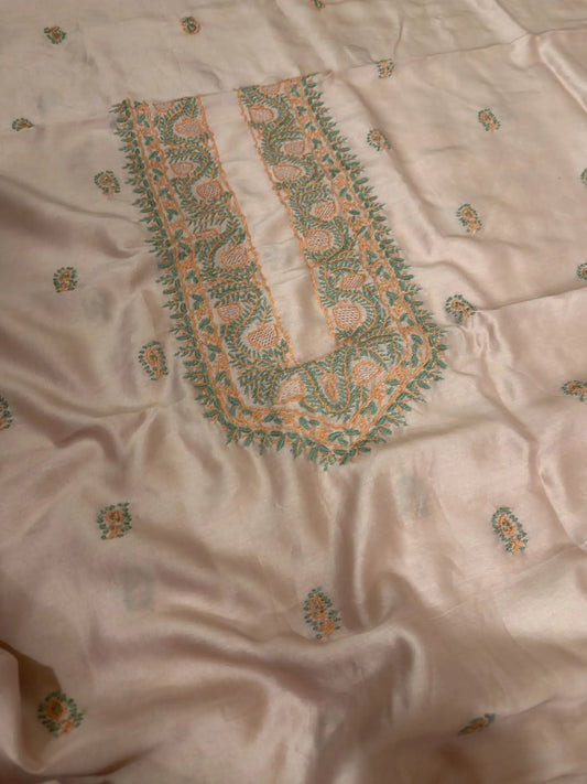 Peach Lucknowi Chikankari unstitched Chanderi Silk kurta fabric with fine peach and green hand embroidery for men and women.
