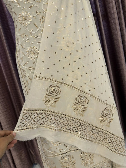 Handcrafted pearl, Badla and Mukaish border detail on a White Lucknowi Kurta Set