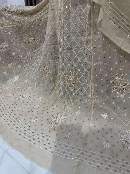 Close-up of the petal floral embroidery on the Lucknowi Chikankari Lehenga.