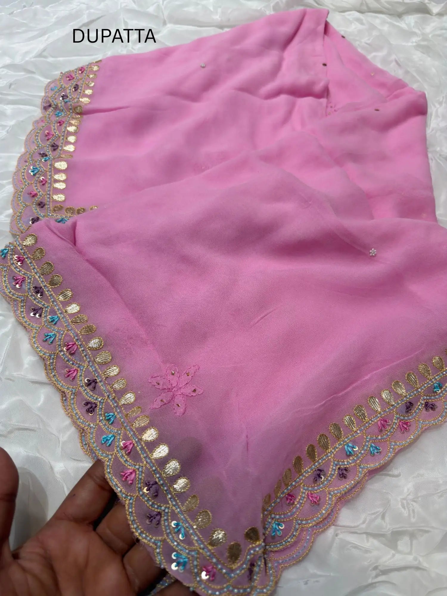 Pink Chikankari Mukaish Parsi Zardozi dupatta with embroidered border