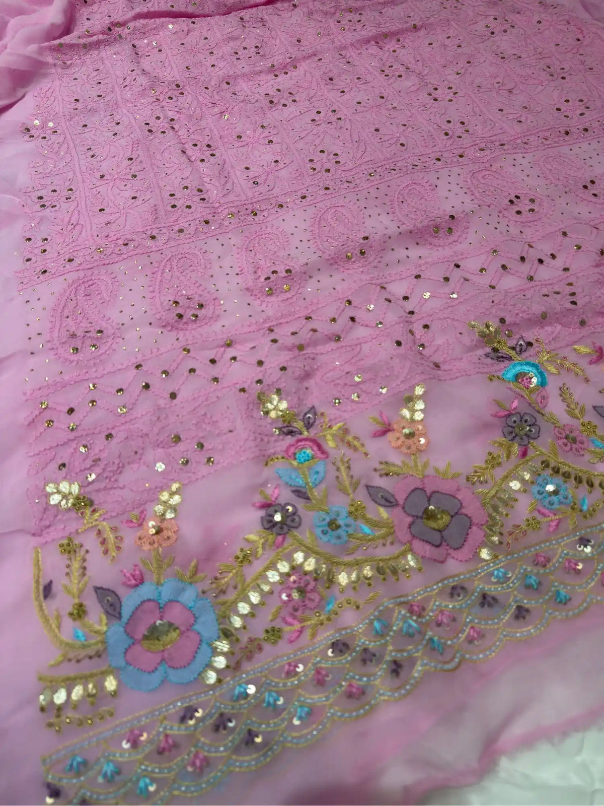 Pink Chikankari Mukaish and Parsi Shadow Zardozi embroidery detail