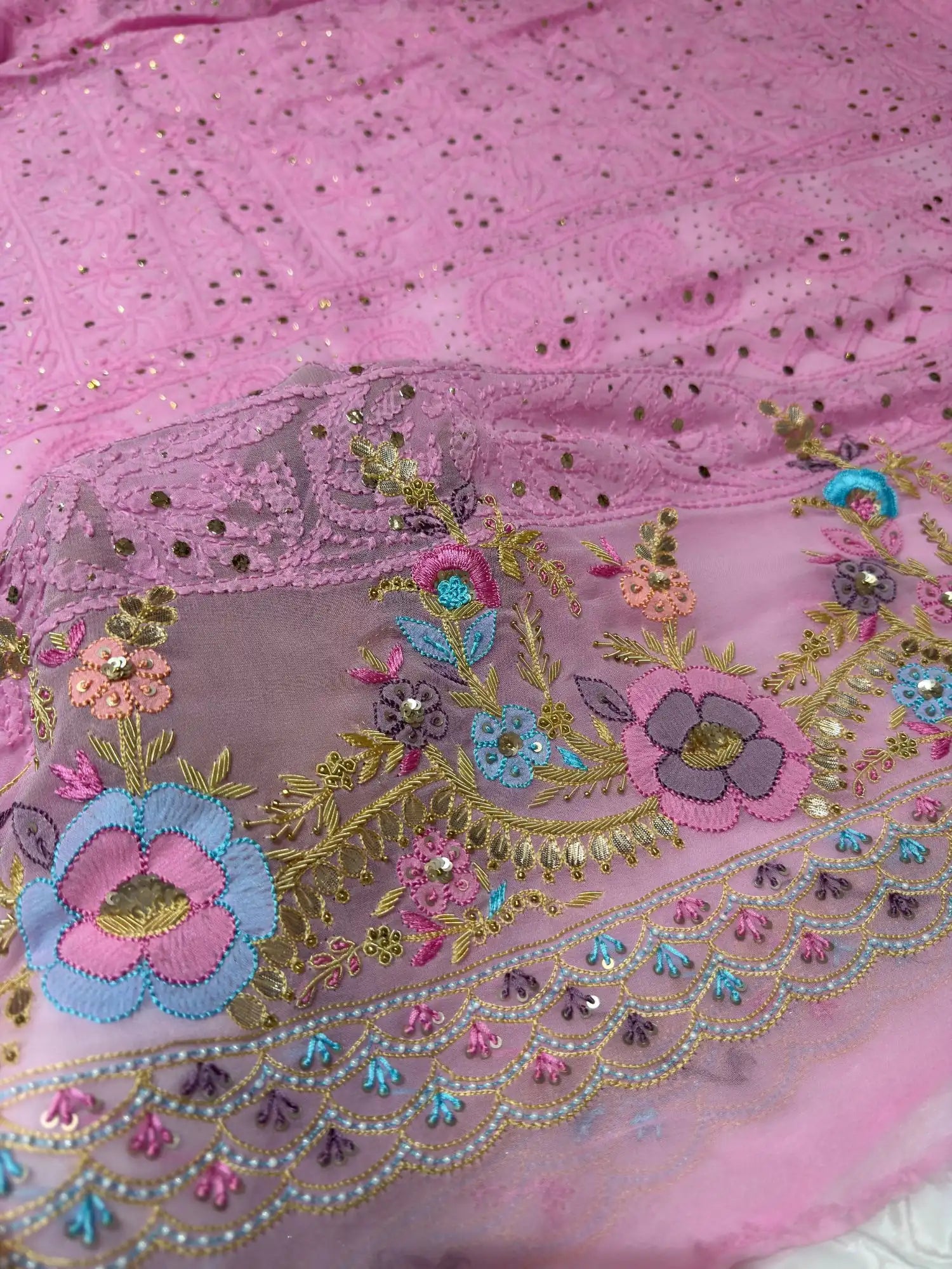 Pink suit front detail with multicolour Chikankari floral embroidery and Parsi Shadow Zardozi work