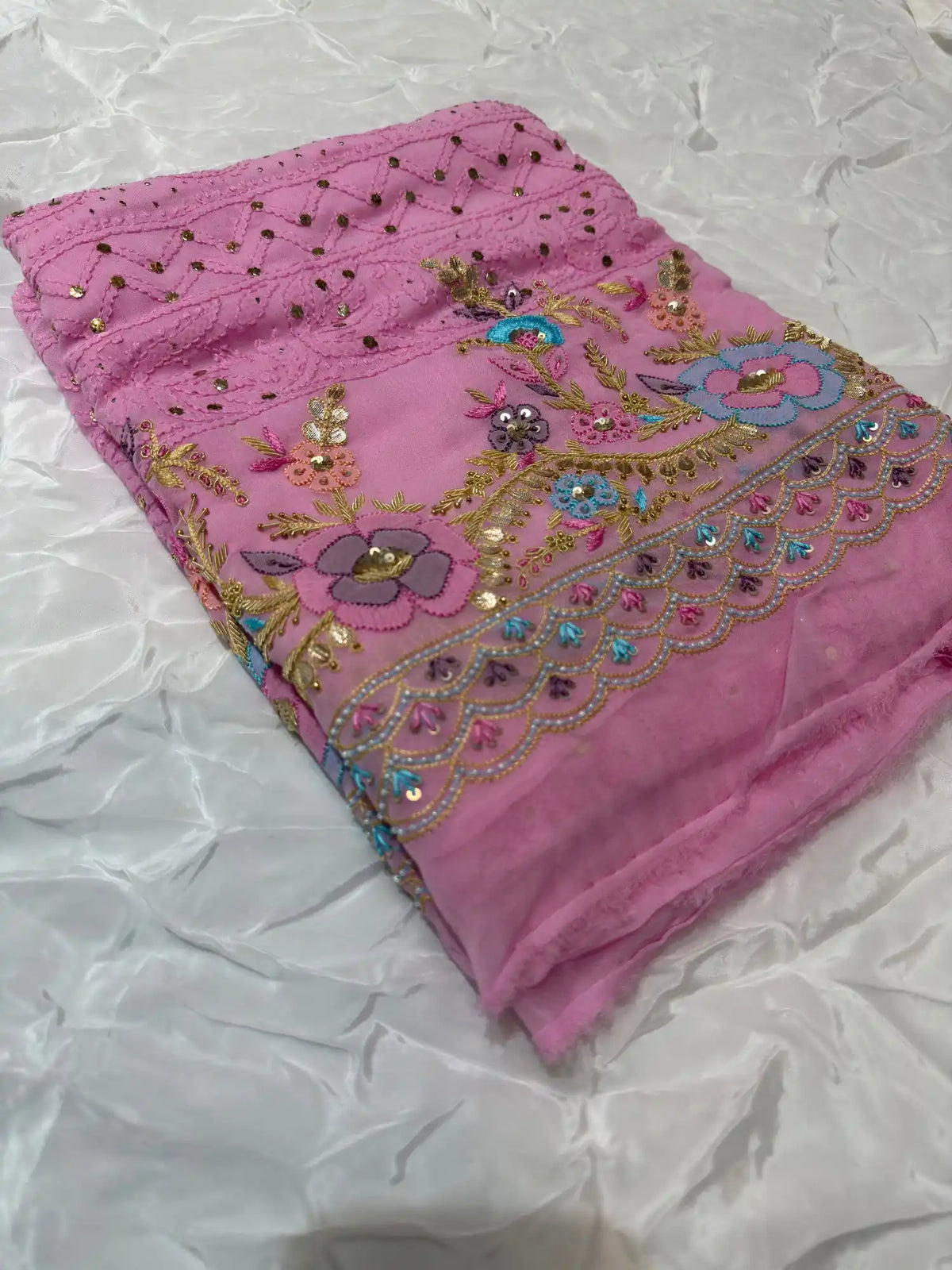 Pink Chikankari Mukaish Parsi Zardozi unstitched suit