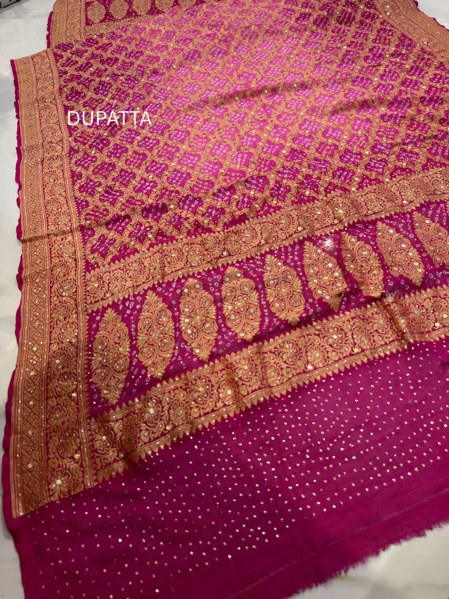 Pink designer dupatta with woven border and handcrafted Mukaish work