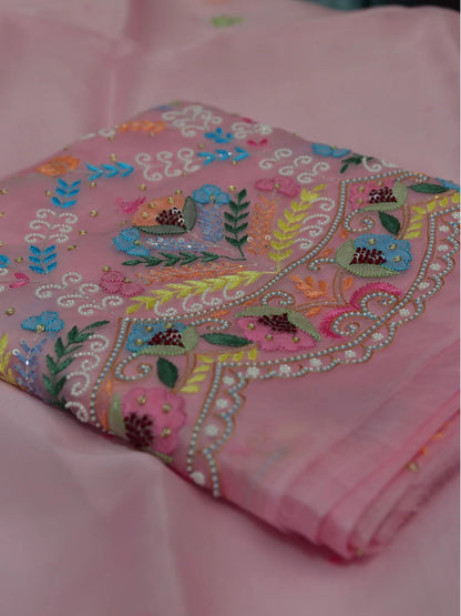 Pink Pure Organza Silk straight suit with multicolour floral Parsi Shadow embroidery