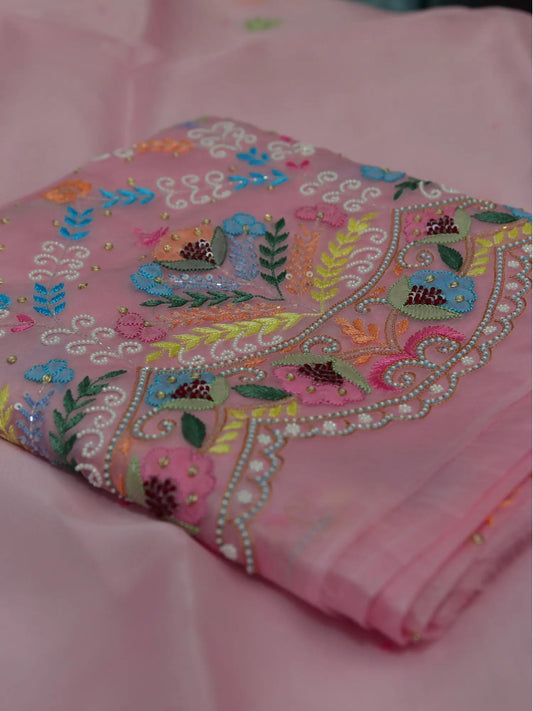Pink Pure Organza Silk straight suit with multicolour floral Parsi Shadow embroidery