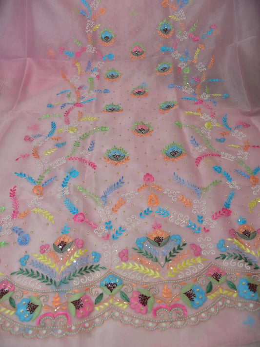 Side view of pink Pure Organza Silk straight suit with floral embroidery