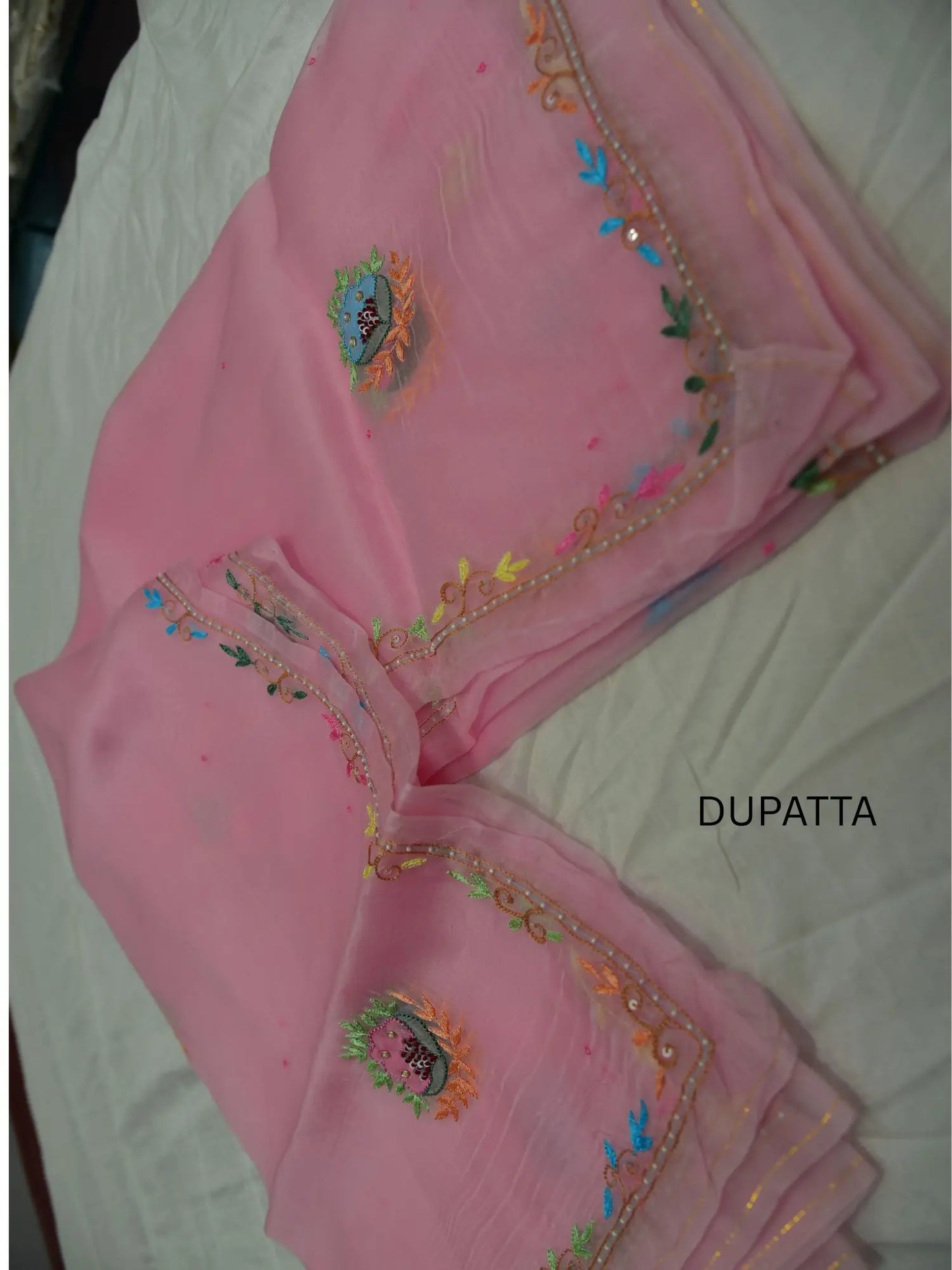 Pink Pure Organza Silk dupatta with multicolour floral embroidery