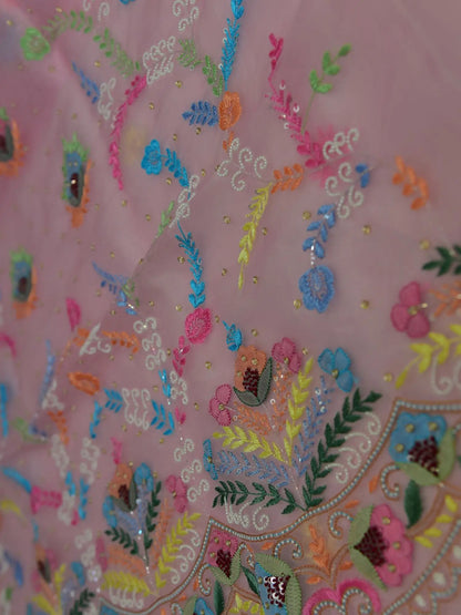 Close-up of pink Pure Organza Silk suit with multicolour floral embroidery and pearl detailing