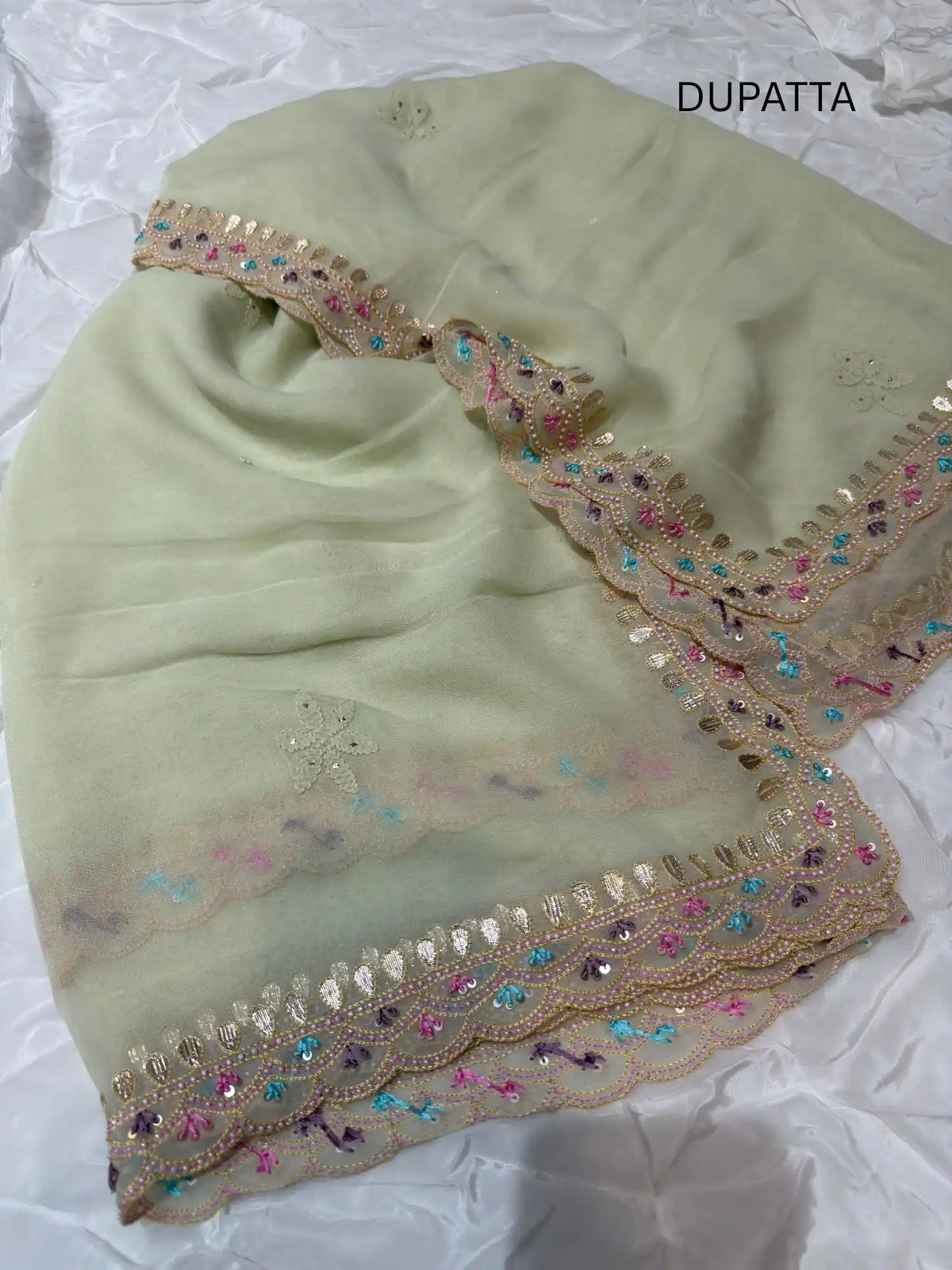 Pista Green Chikankari Mukaish Parsi Zardozi dupatta with embroidered border