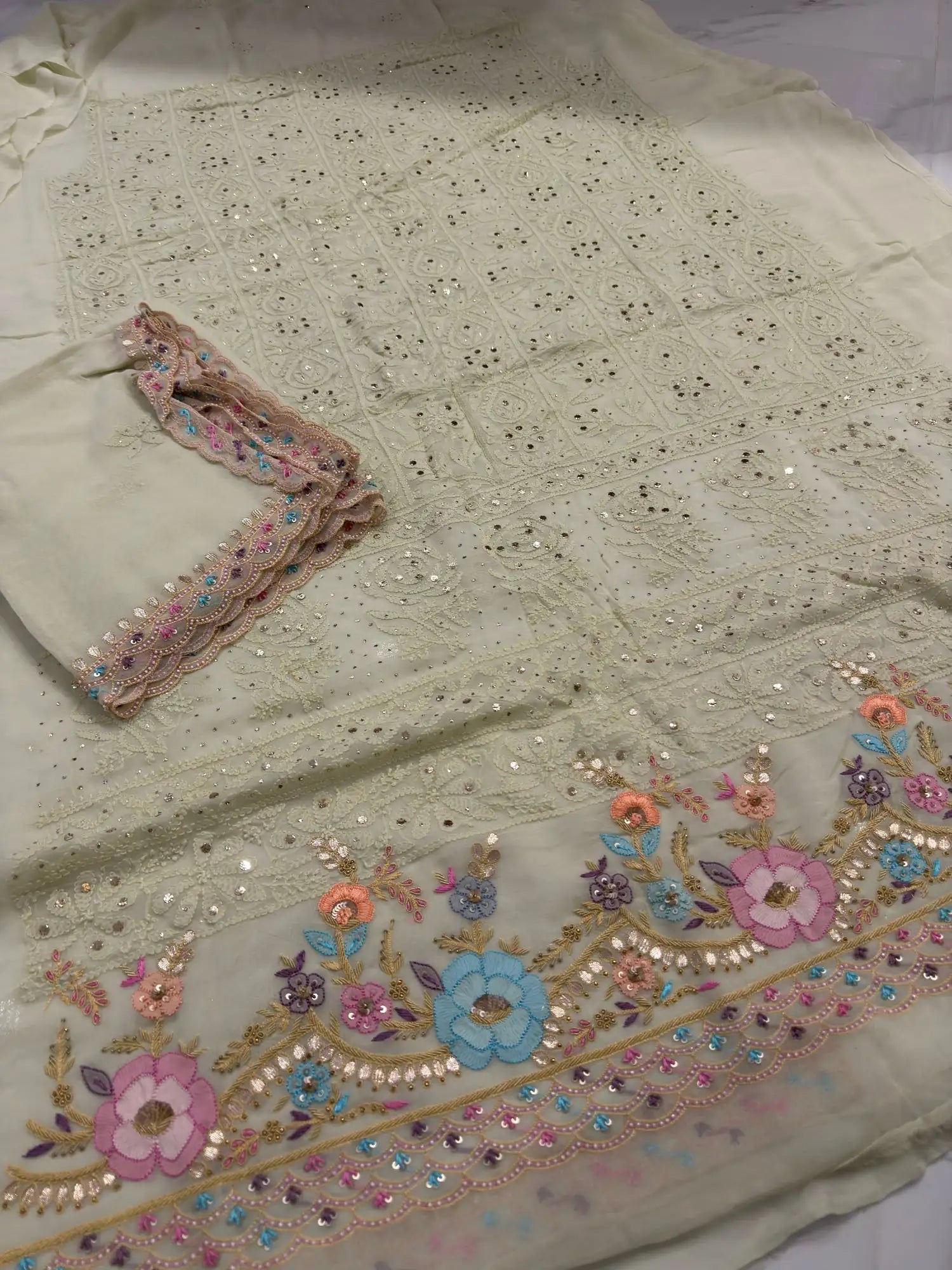 Pista Green Chikankari Mukaish Parsi Zardozi suit front view