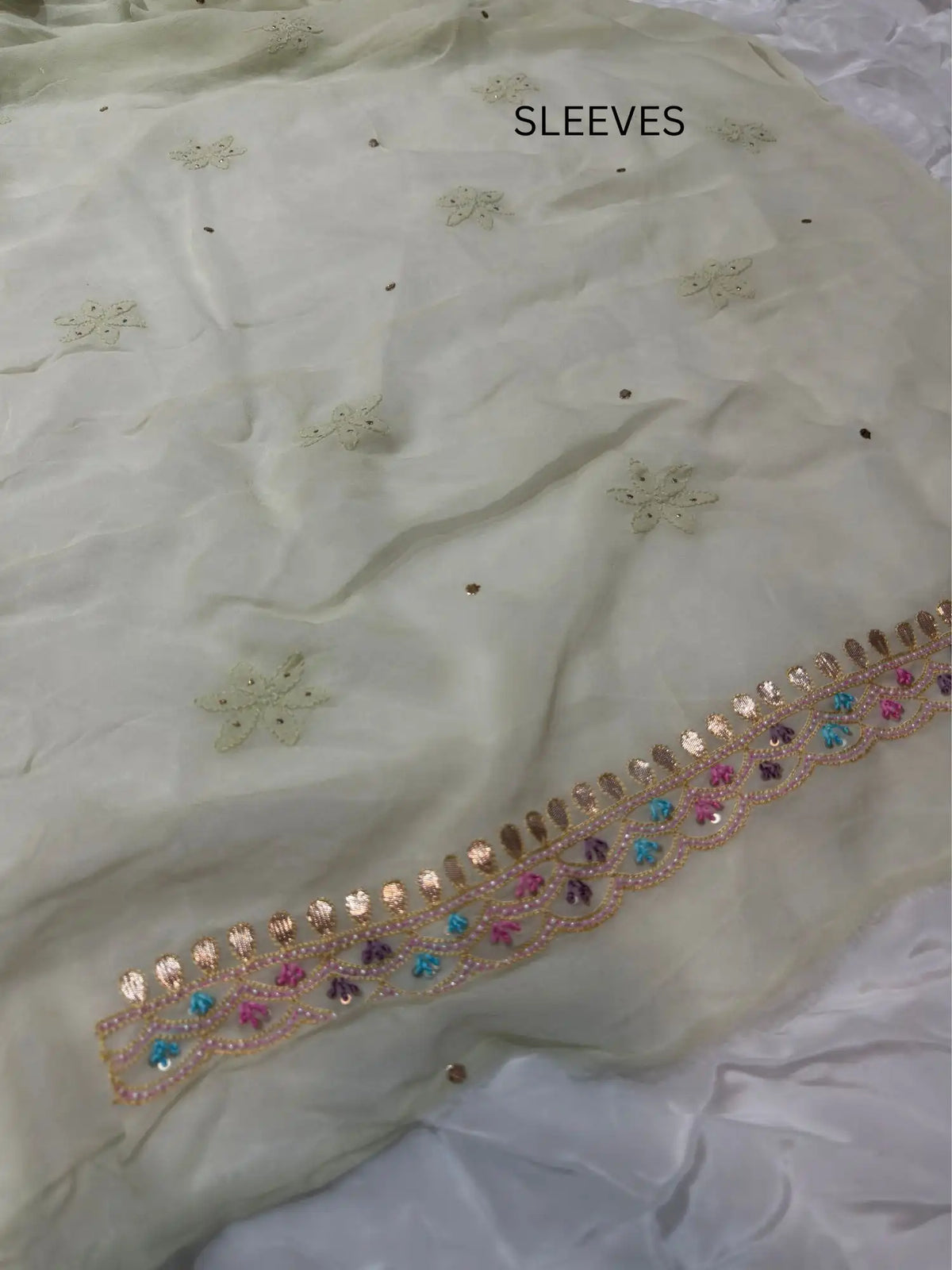 Pista Green Chikankari Mukaish Parsi Shadow Zardozi embroidered sleeves
