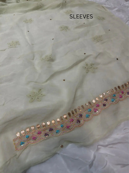 Pista Green Chikankari Mukaish Parsi Shadow Zardozi embroidered sleeves