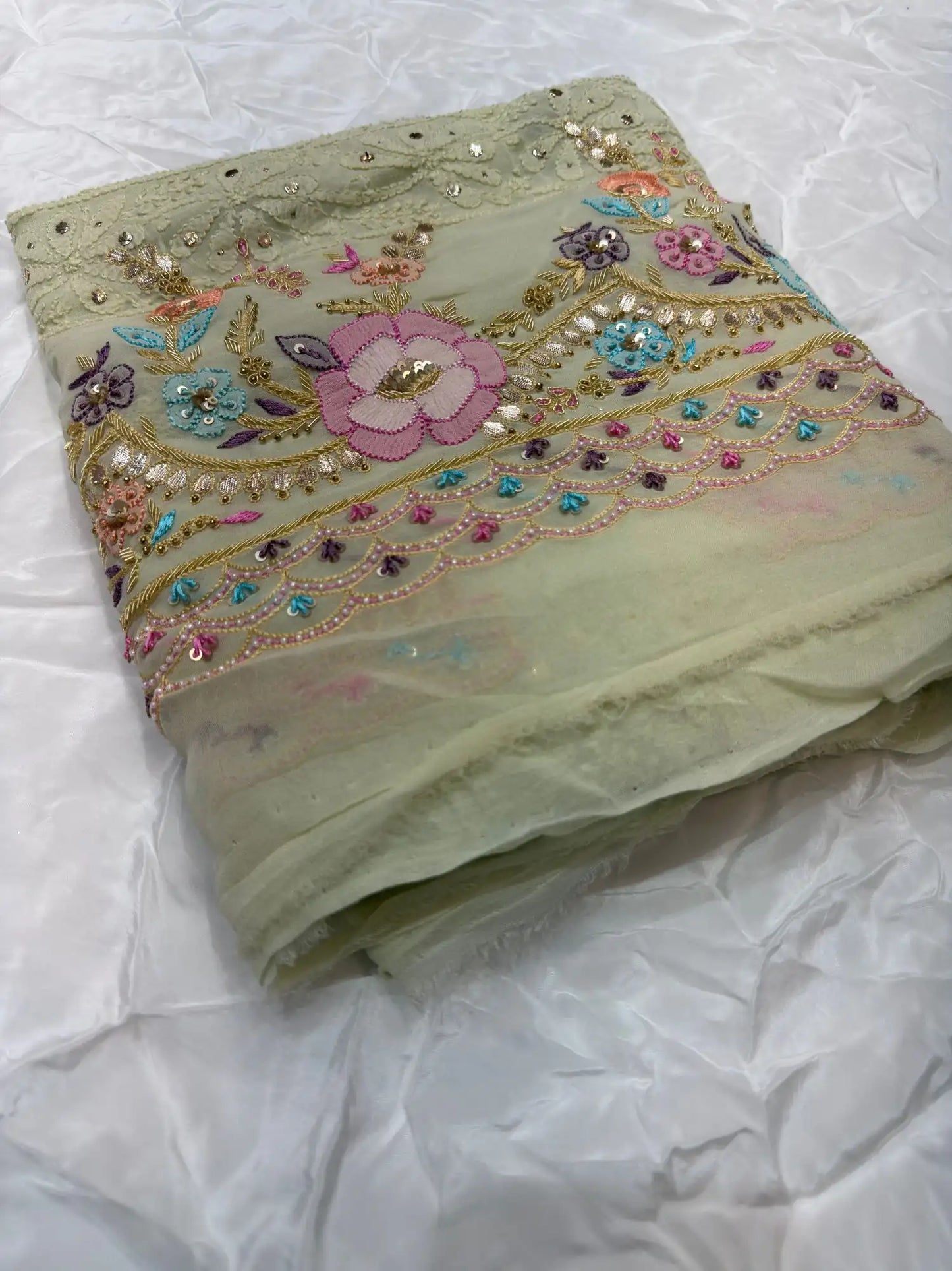 Pista Green Chikankari Mukaish Parsi Zardozi unstitched suit