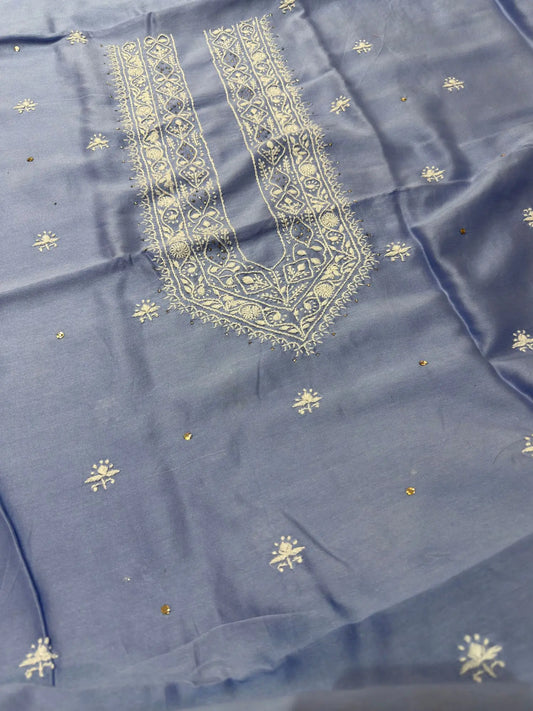 Powder Blue linen Lucknowi Chikankari unstitched kurta fabric with fine white embroidery.
