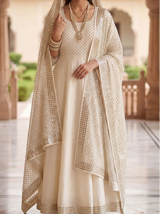 Full view of a handcrafted White Pure Georgette Lucknowi Mukaish dupatta