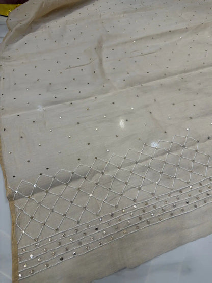 Close-up of handcrafted Mukaish and pearl work border on a Pure Tissue Lucknowi lehenga dupatta