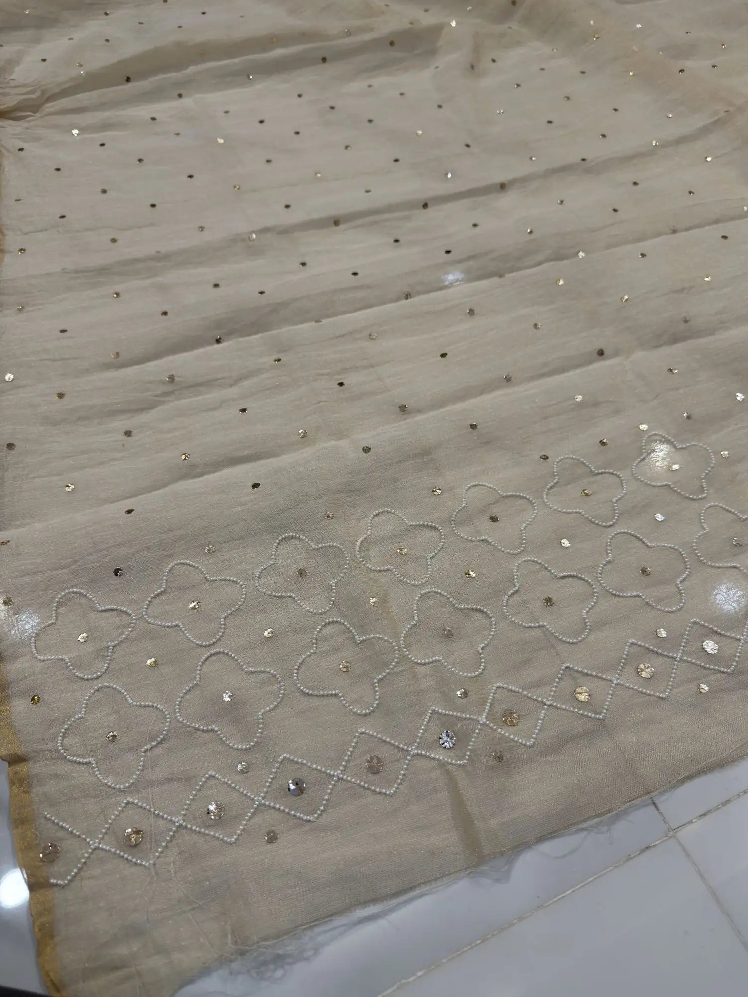 Matching Pure Tissue dupatta with all-over Mukaish and pearl work