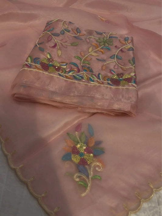 Rose gold Pure Organza Silk straight suit with multicolour floral Parsi Shadow embroidery