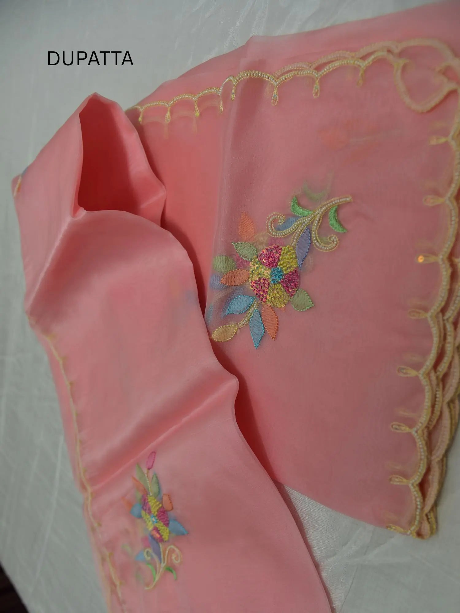Rose gold Pure Organza Silk dupatta with multicolour floral embroidery