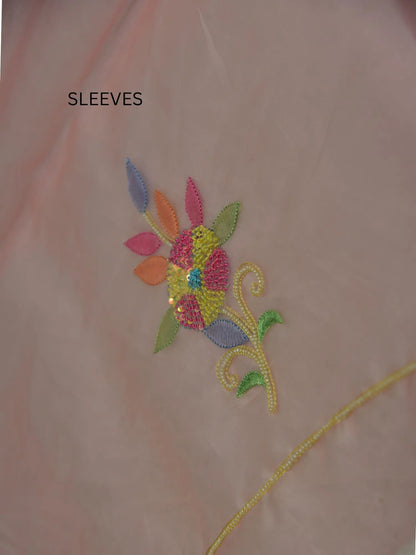 Full sleeve detail of rose gold Pure Organza Silk suit with floral Parsi Shadow embroidery