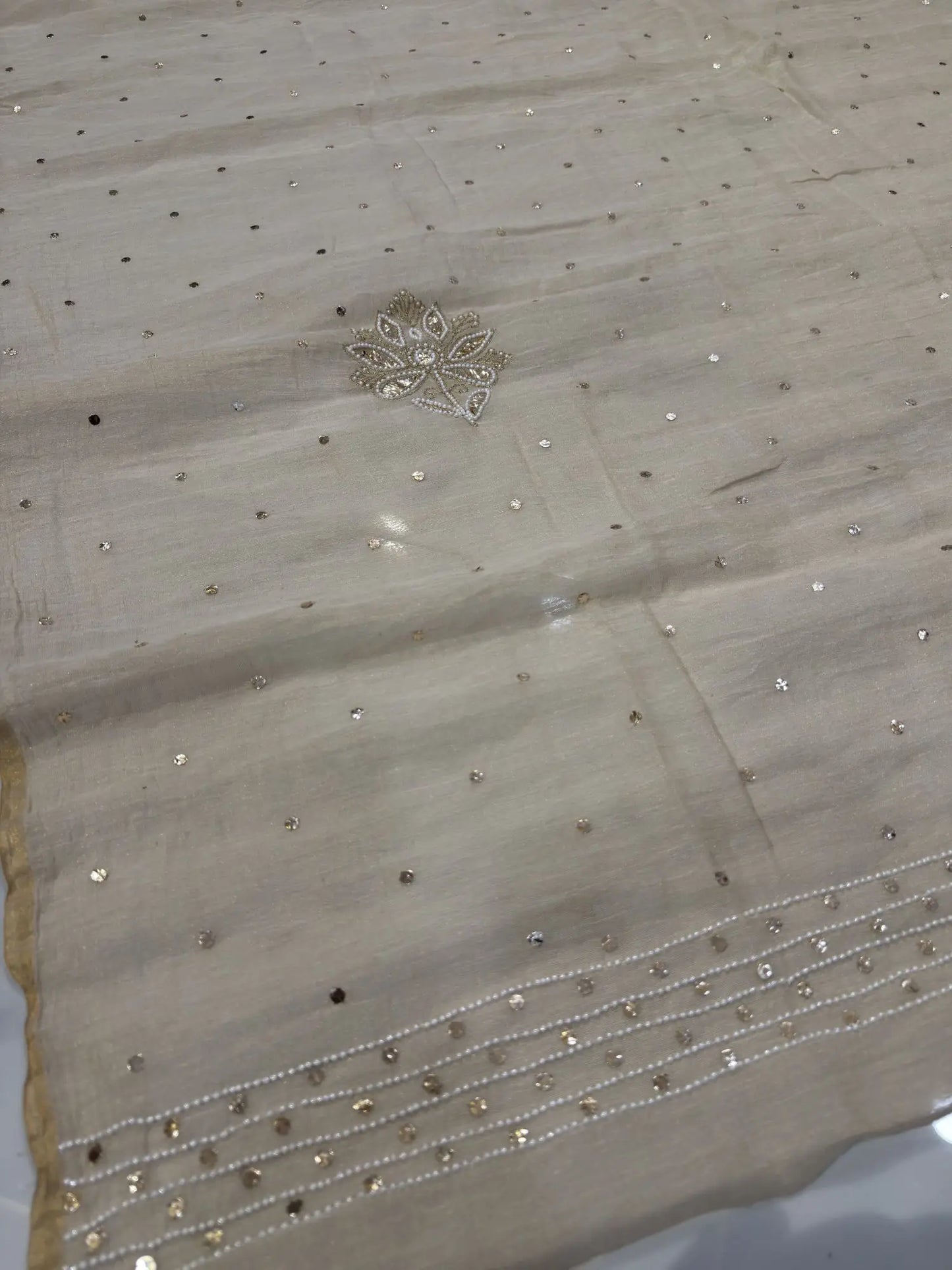 Handcrafted rose motif with pearl and Mukaish work on a Pure Tissue Lucknowi Dupatta