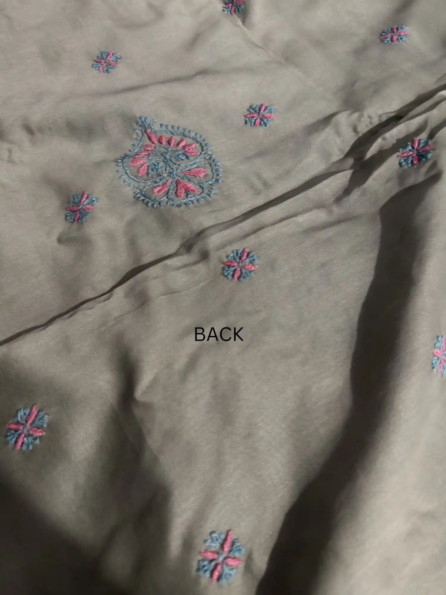Delicate Lucknowi Chikankari back embroidery across Sage Green Chanderi Silk unstitched kurta fabric with handcrafted detailing.