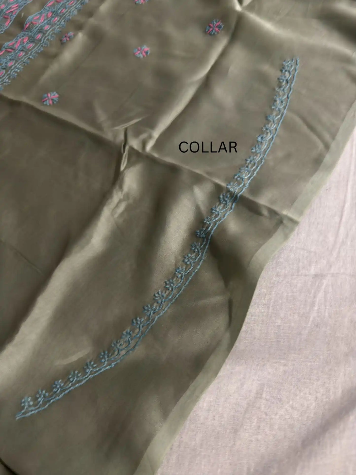 Handcrafted Lucknowi Chikankari collar embroidery on premium Sage Green Chanderi Silk unstitched kurta fabric.