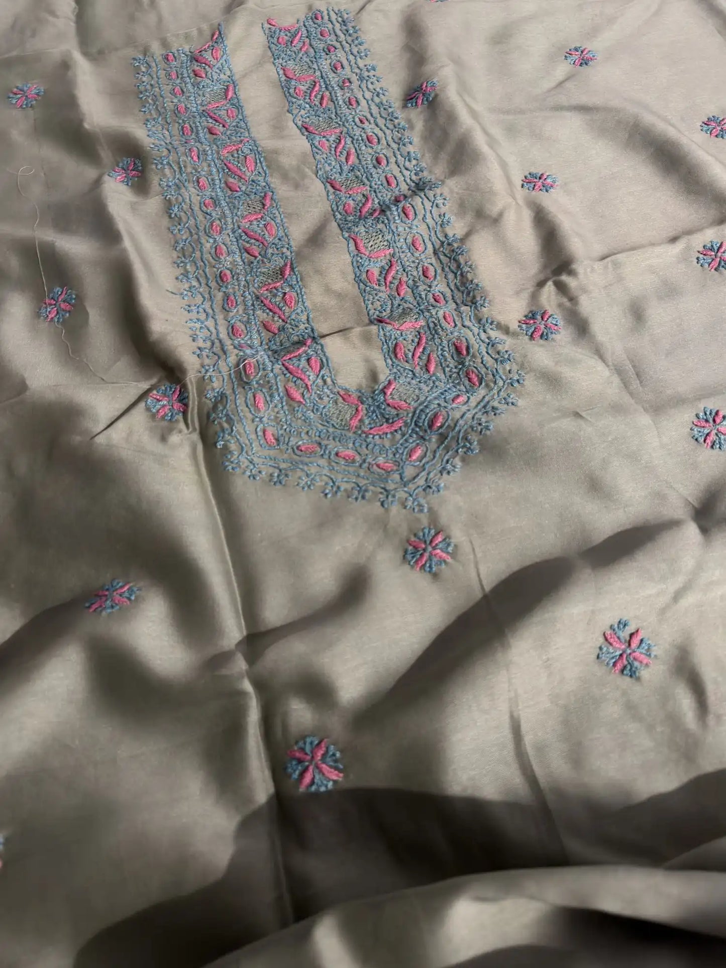 Sage Green Lucknowi Chikankari unstitched Chanderi Silk kurta fabric with turquoise and pink hand embroidery for men and women.