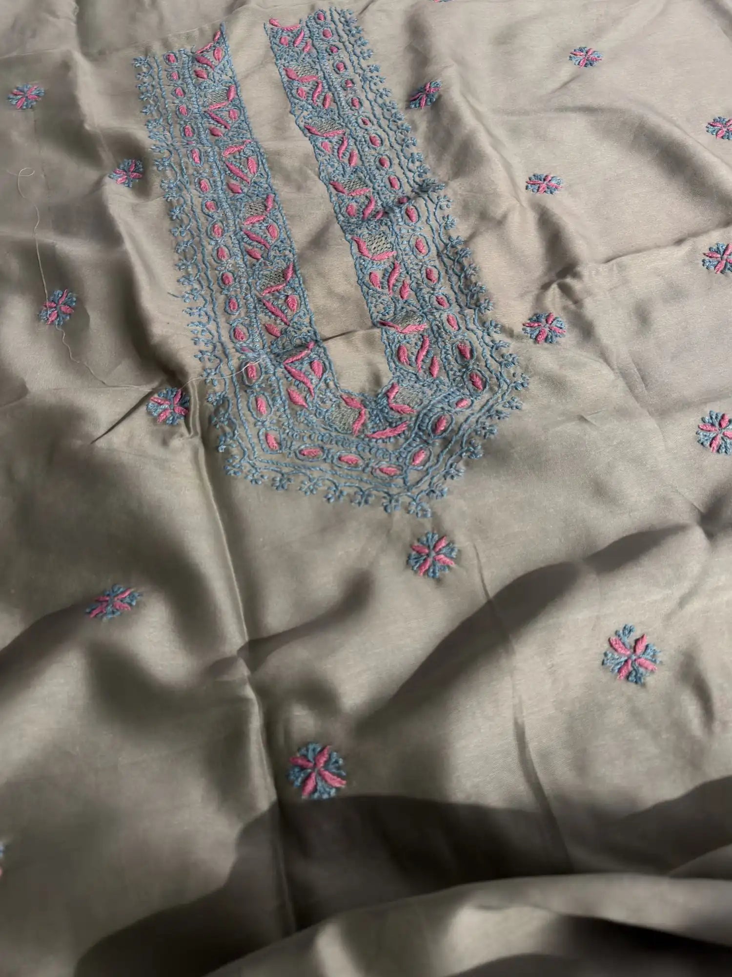 Sage Green Lucknowi Chikankari unstitched Chanderi Silk kurta fabric with turquoise and pink hand embroidery for men and women.