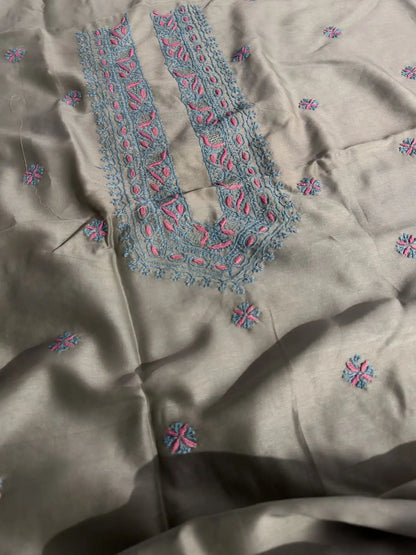 Sage Green Lucknowi Chikankari unstitched Chanderi Silk kurta fabric with turquoise and pink hand embroidery for men and women.