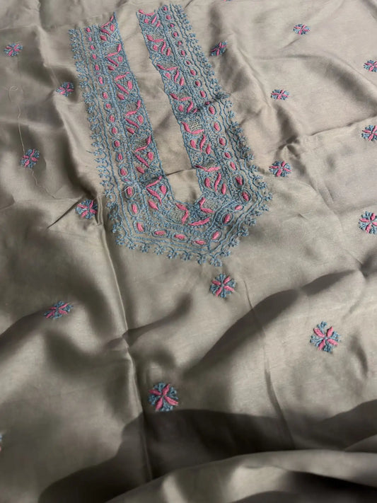 Sage Green Lucknowi Chikankari unstitched Chanderi Silk kurta fabric with turquoise and pink hand embroidery for men and women.