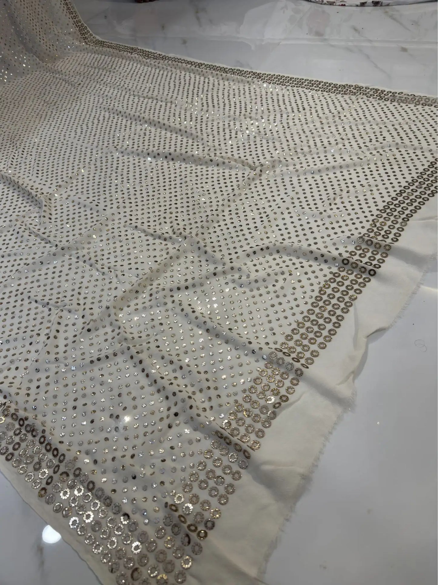Side view of Small Circle Motif Lucknowi Chikankari Dupatta showcasing handcrafted embroidery.