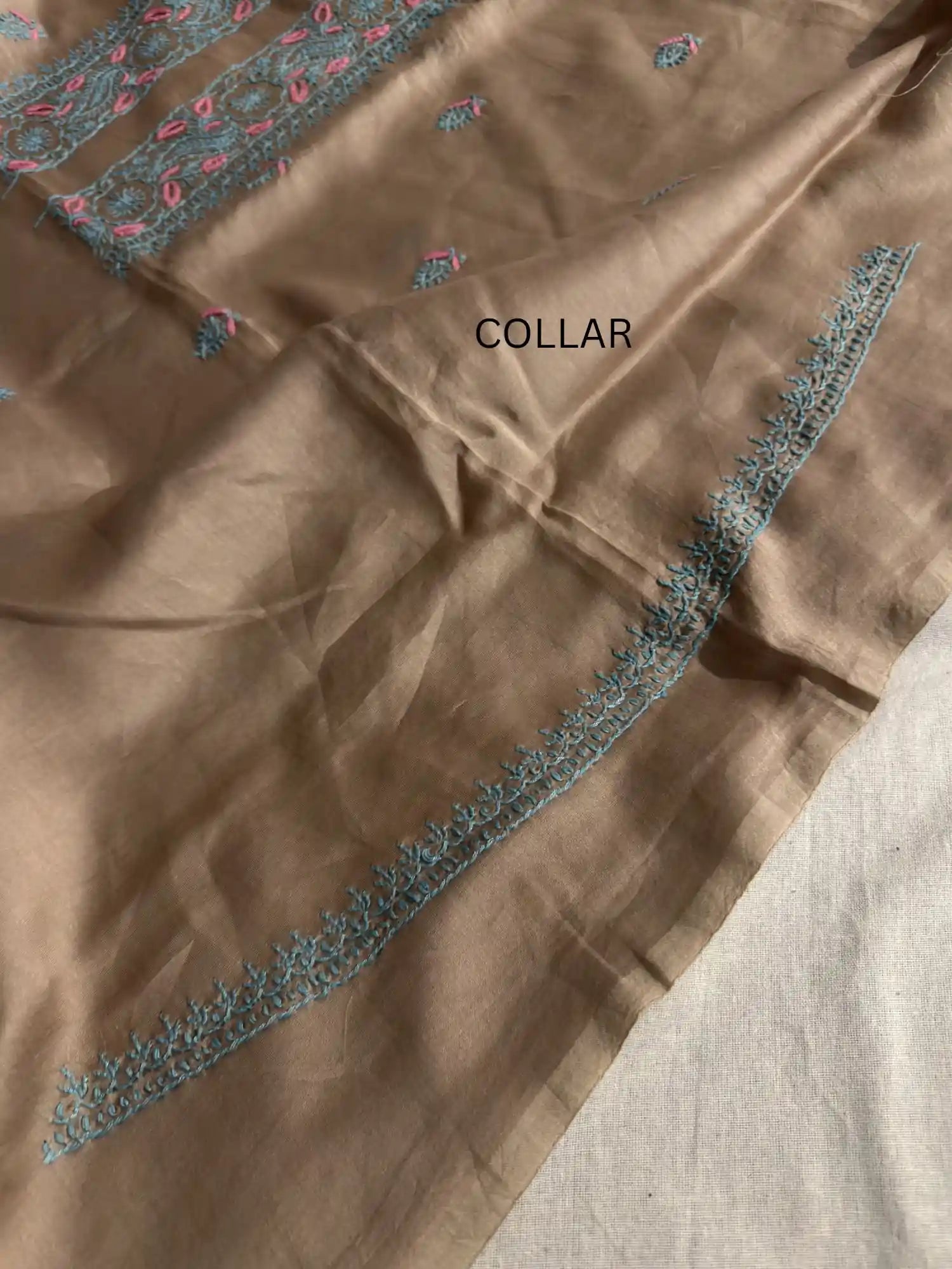 Handcrafted Lucknowi Chikankari collar embroidery on premium Taupe Brown Chanderi Silk unstitched kurta fabric.