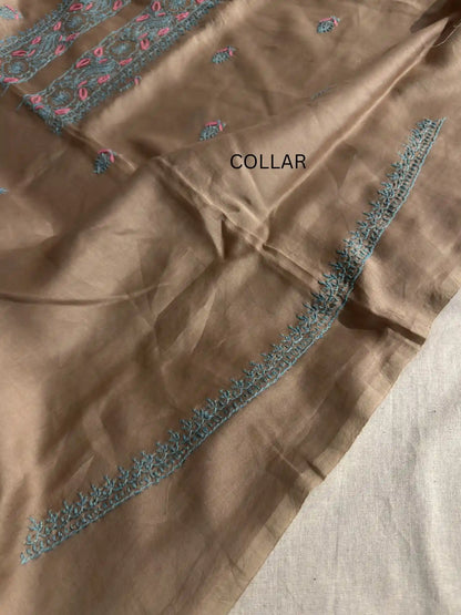 Handcrafted Lucknowi Chikankari collar embroidery on premium Taupe Brown Chanderi Silk unstitched kurta fabric.