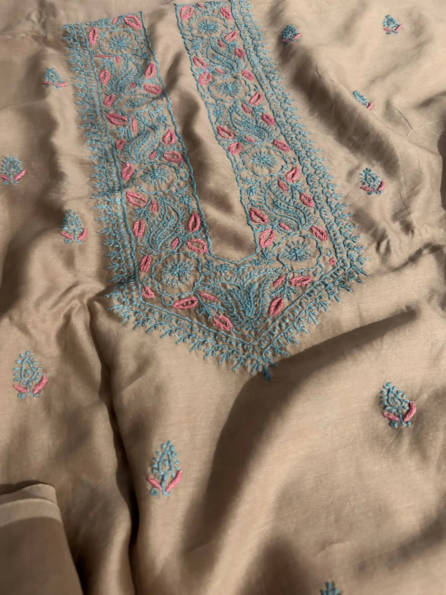 Taupe Brown Lucknowi Chikankari unstitched Chanderi Silk kurta fabric with turquoise and pink hand embroidery for men and women.