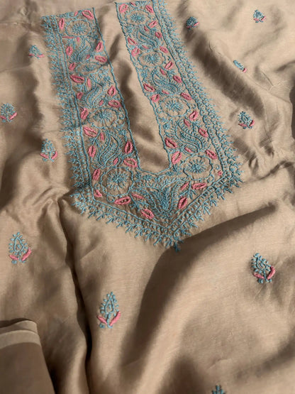 Taupe Brown Lucknowi Chikankari unstitched Chanderi Silk kurta fabric with turquoise and pink hand embroidery for men and women.