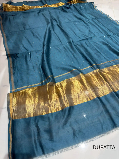 Teal Blue Chanderi Silk dupatta from a Mukaish work suit set