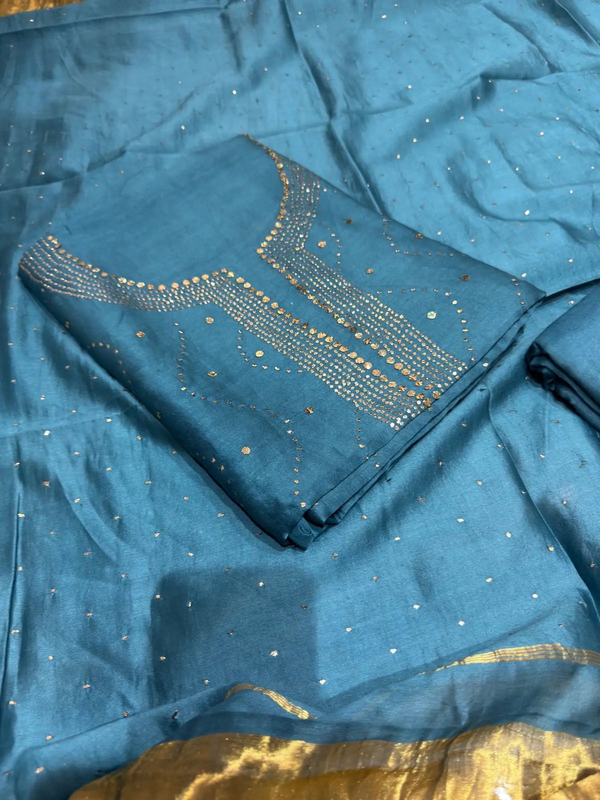 Teal Blue Chanderi Silk Mukaish Suit with Mukaish work