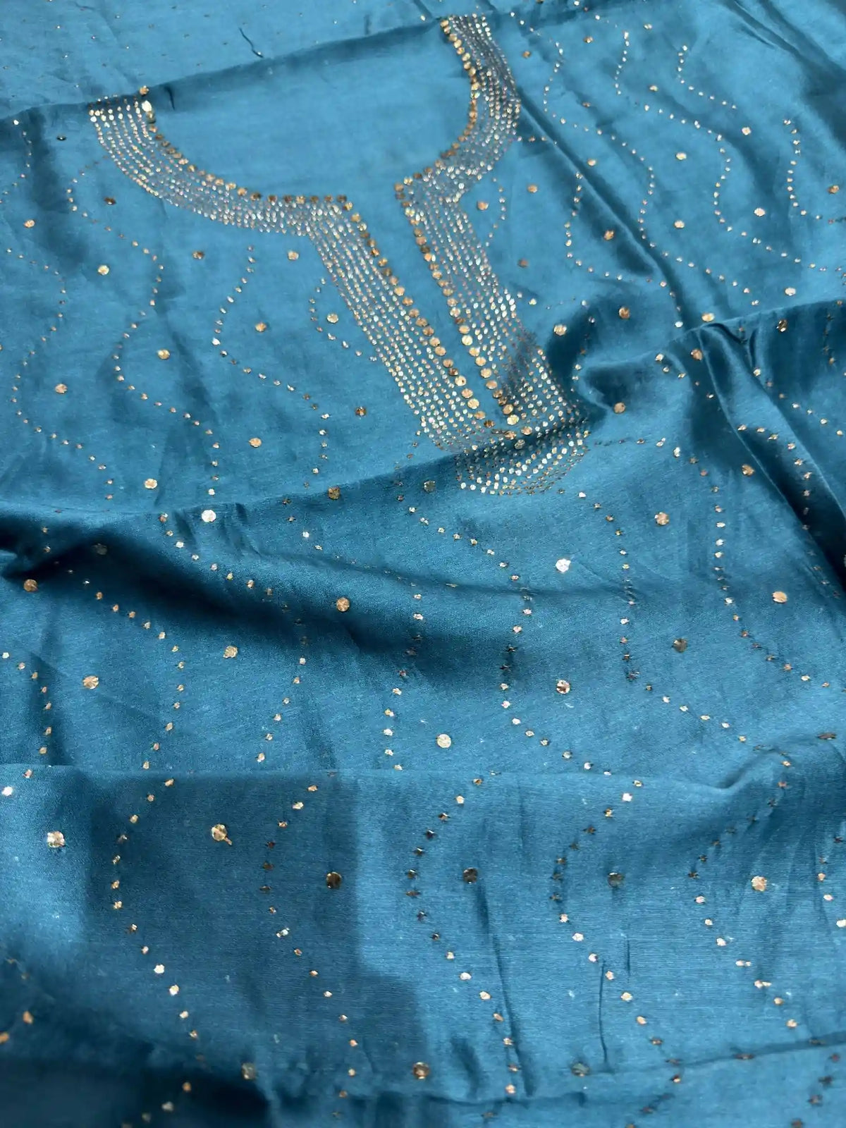 Side view of Teal Blue Chanderi Silk Mukaish suit