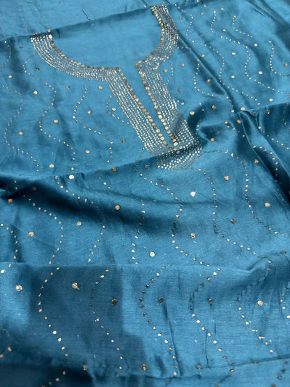 Side view of Teal Blue Chanderi Silk Mukaish suit