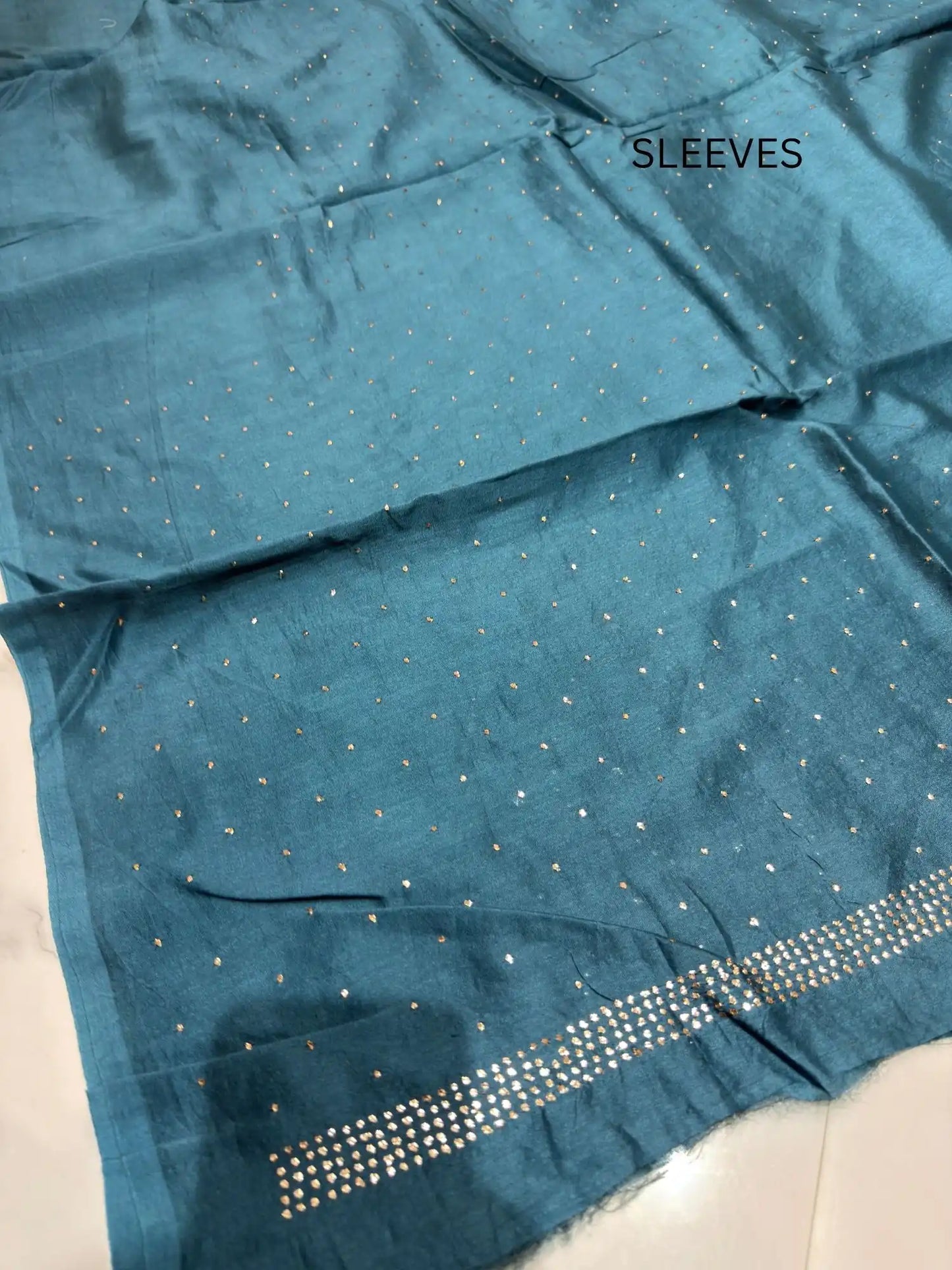 Sleeve detail of Teal Blue Chanderi Silk Mukaish suit