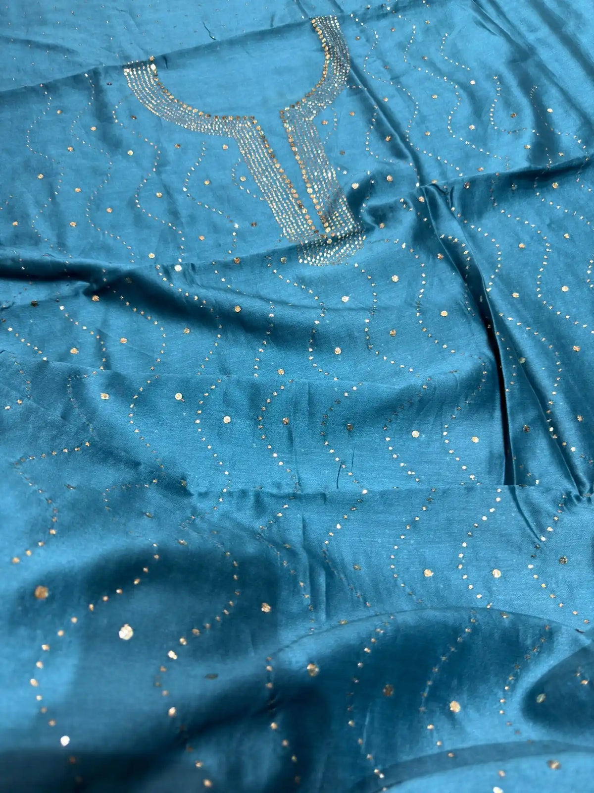 Close-up of Mukaish work on Teal Blue Chanderi Silk suit