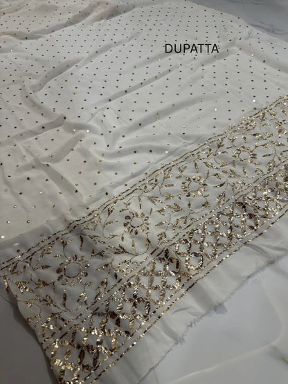 White Pure Georgette dupatta with handcrafted Mukaish work and floral embroidered border