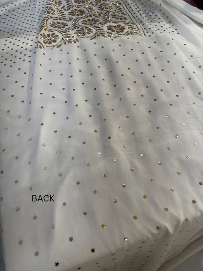 Back view of a white Lucknowi Kurta Set with handcrafted Mukaish dana work
