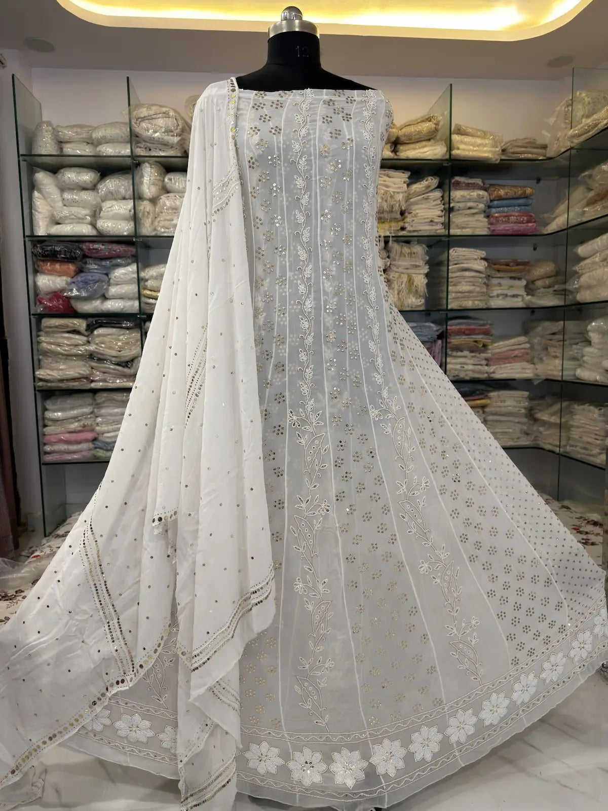 Viscose Georgette Chikankari Anarkali with gold-toned Badla, Pearl and Mukaish handwork